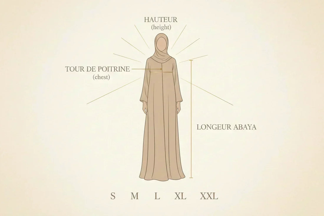 Guide des tailles abaya 2026 — femme ronde, petite et grande, tableau de correspondance France