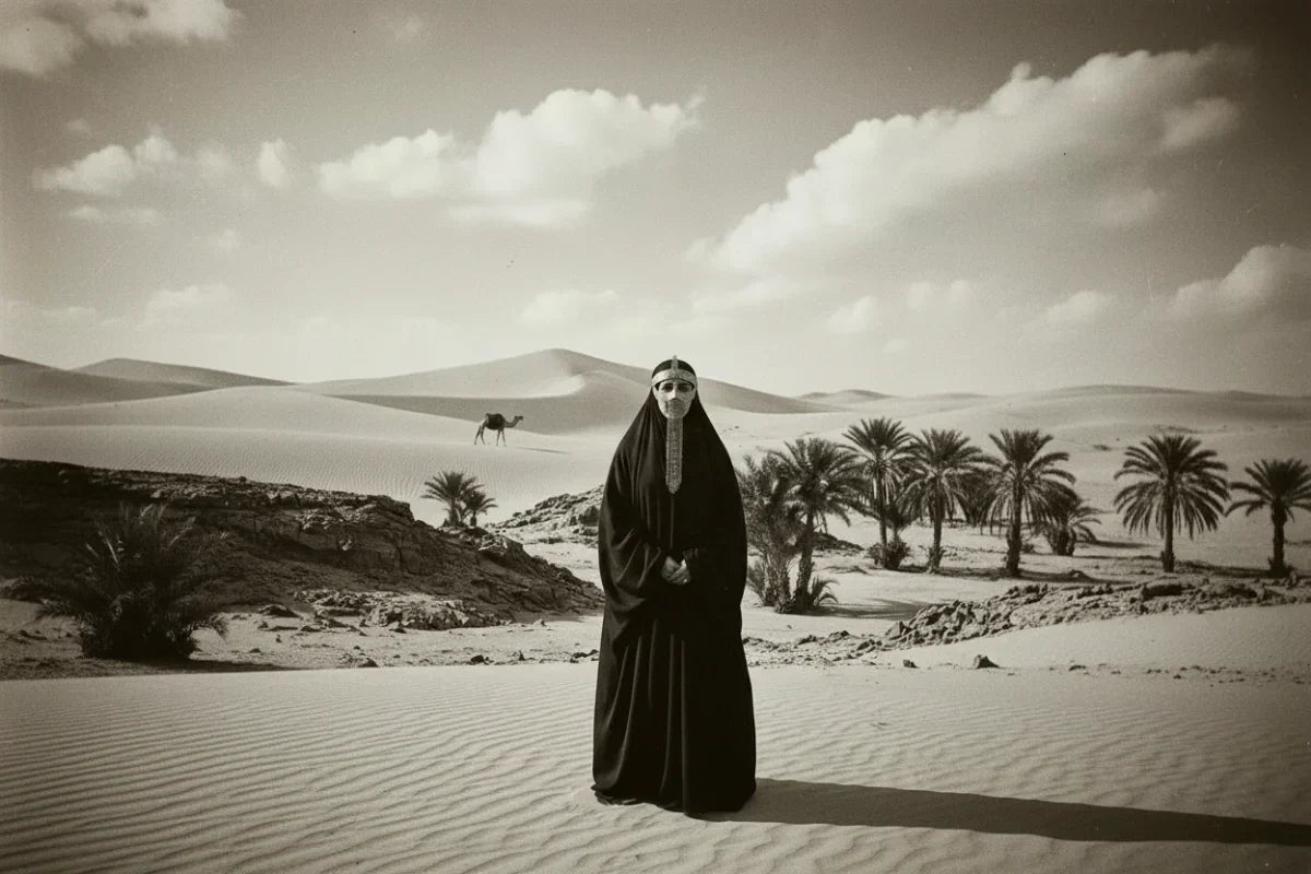 Histoire de l'abaya — femme saoudienne en abaya traditionnelle avec battoulah dans le désert arabique