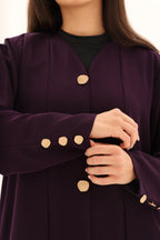 Abaya aubergine crepe premium - details boutons dores coquillage - SOOTRASHOP