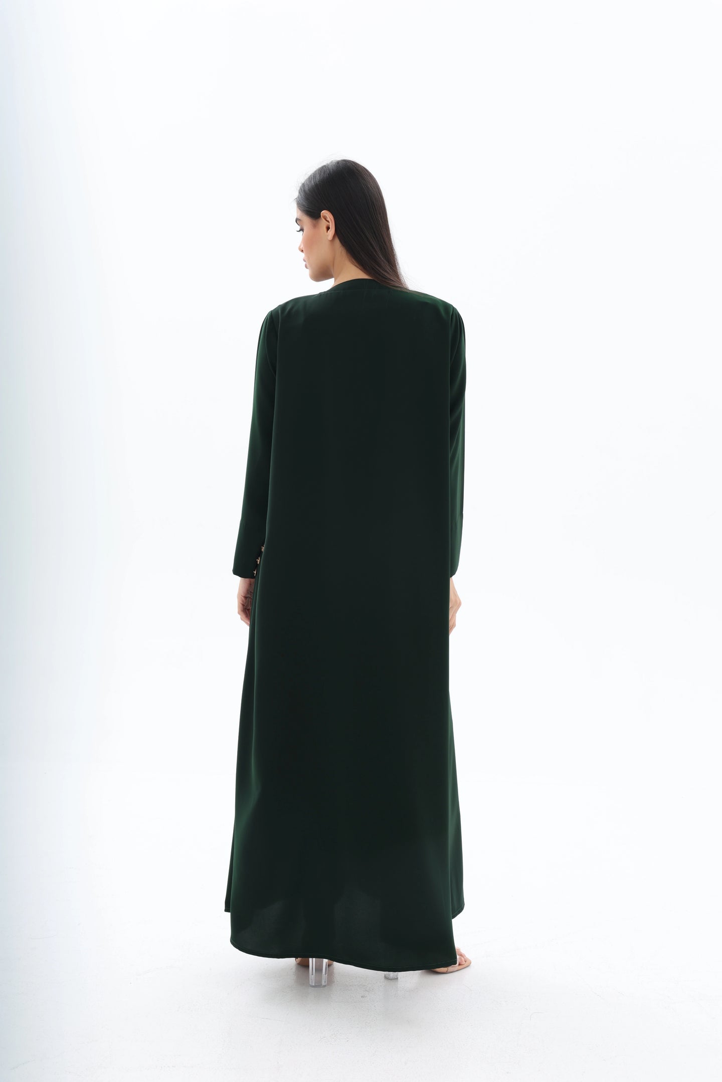 Abaya vert émeraude crêpe premium – vue de dos – SOOTRASHOP