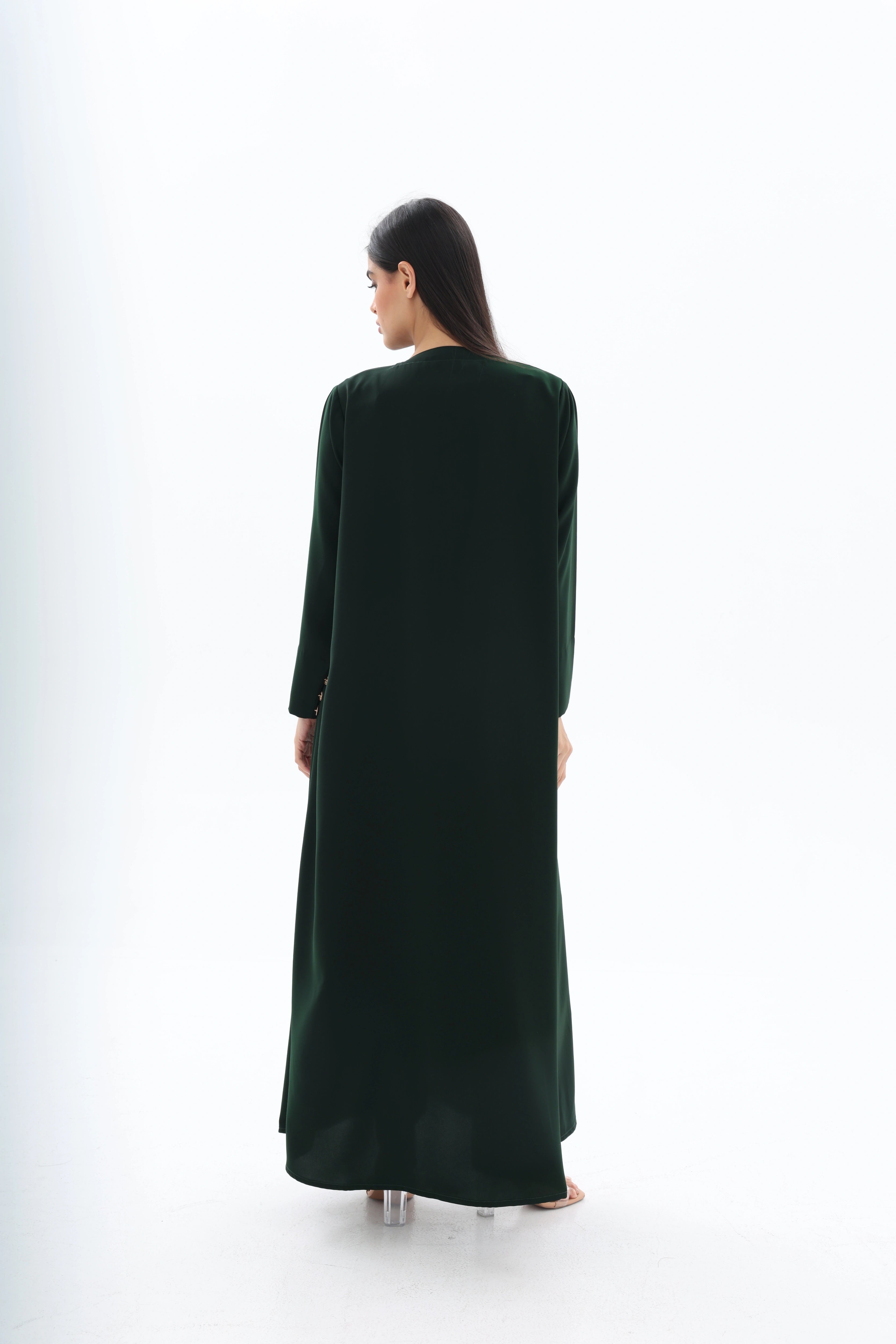 Abaya vert émeraude crêpe premium – vue de dos – SOOTRASHOP