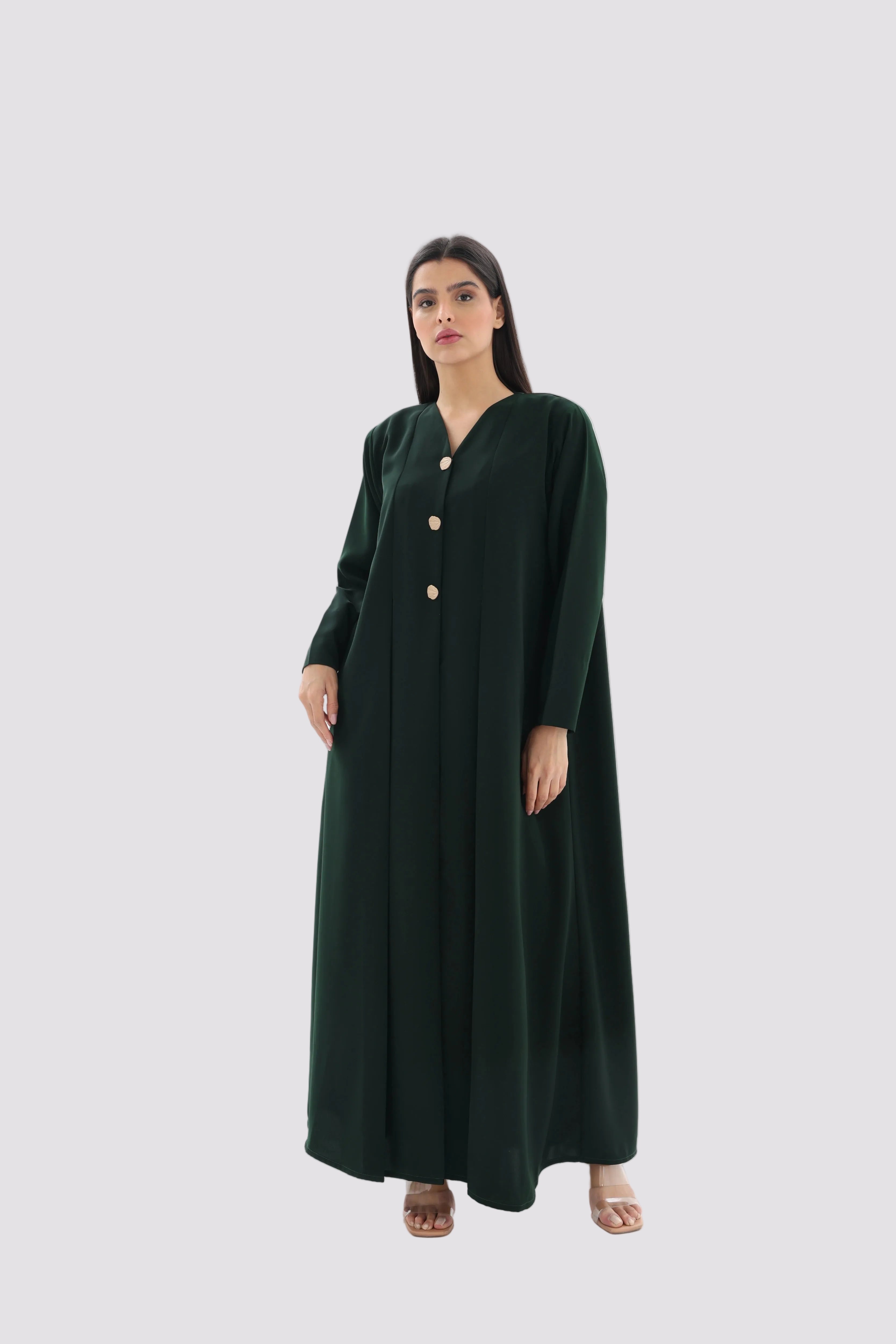Abaya vert émeraude crêpe premium coupe cloche – vue de face – SOOTRASHOP