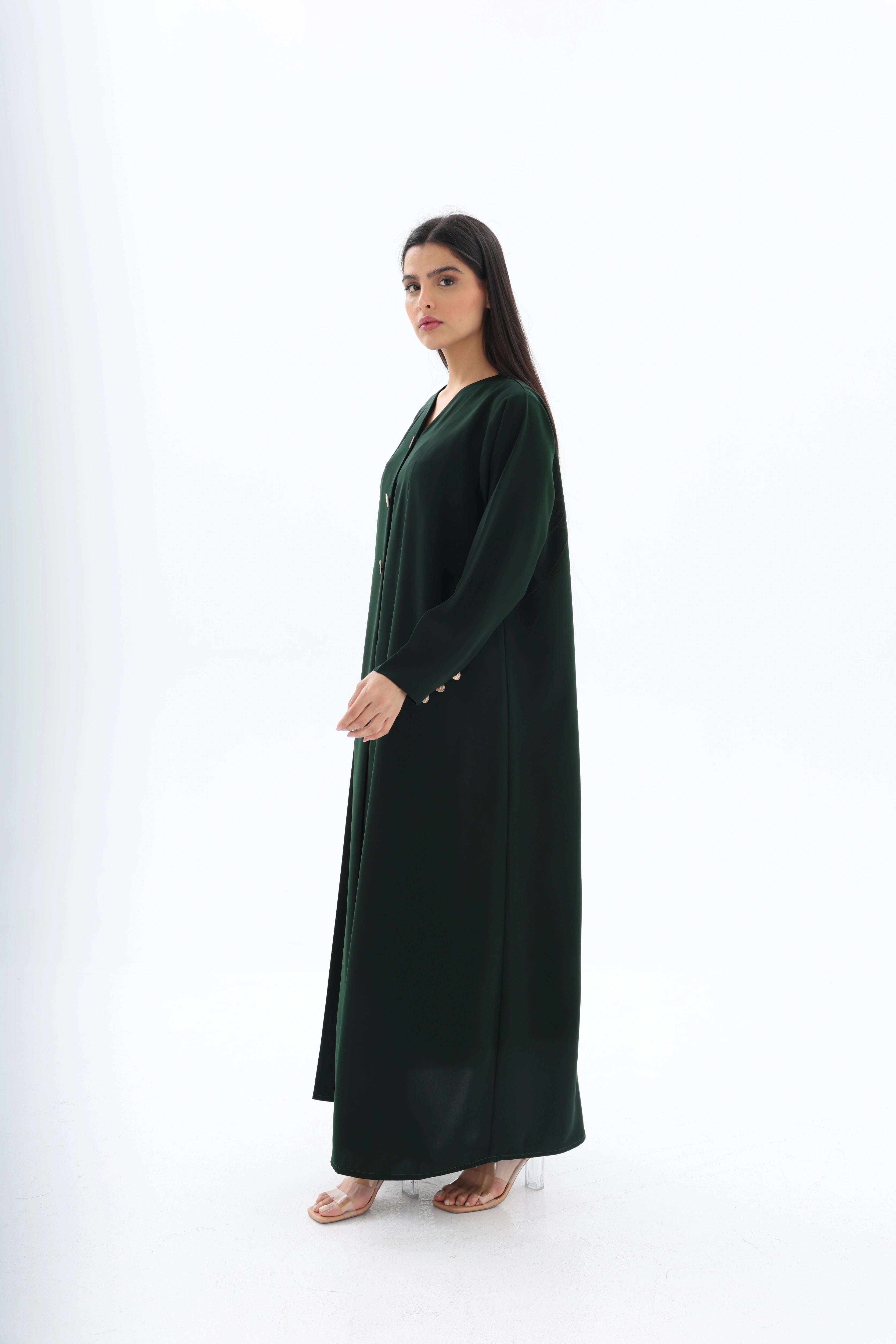 Abaya vert émeraude crêpe premium – vue de profil – SOOTRASHOP