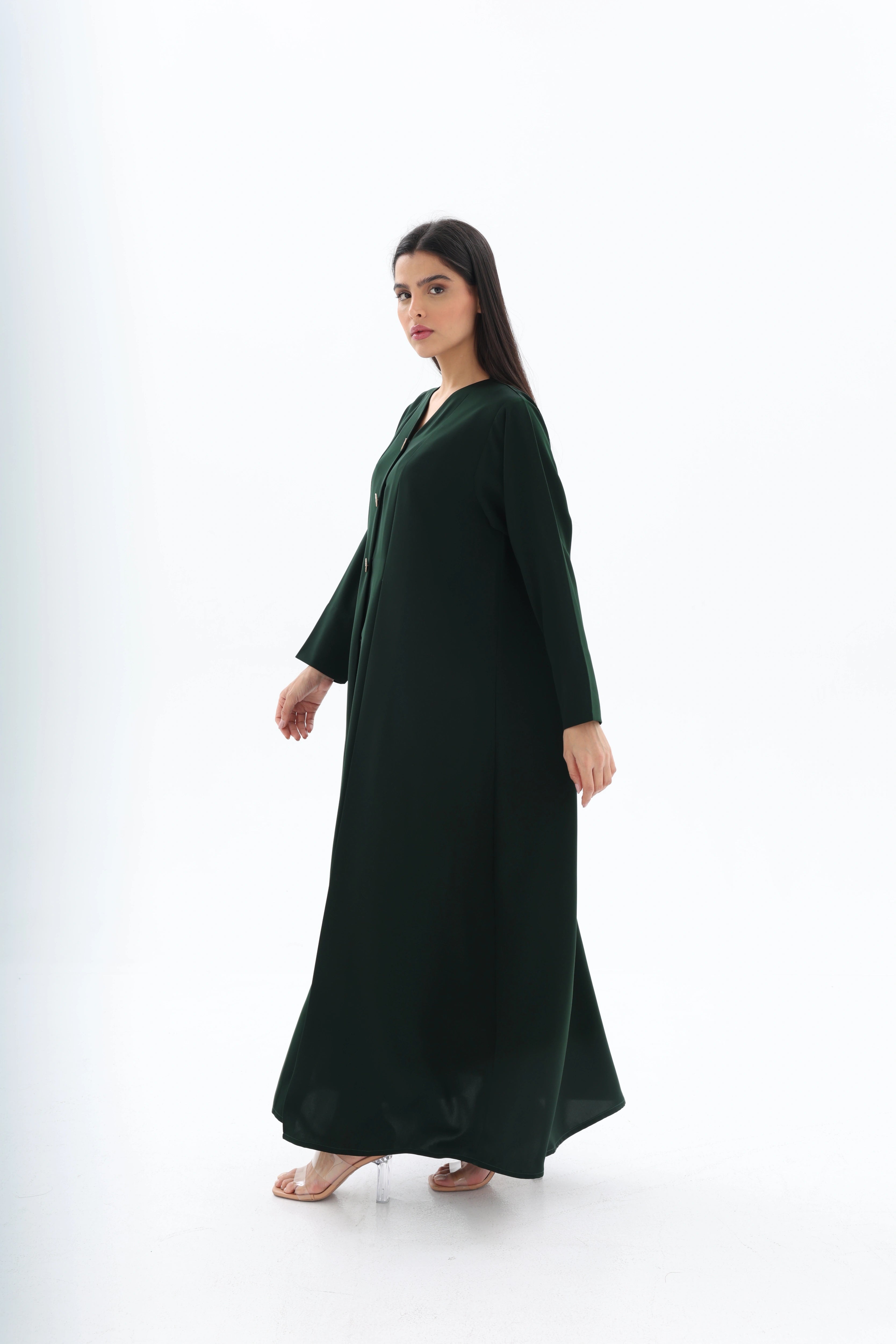 Abaya vert émeraude crêpe premium – vue de profil 2 – SOOTRASHOP