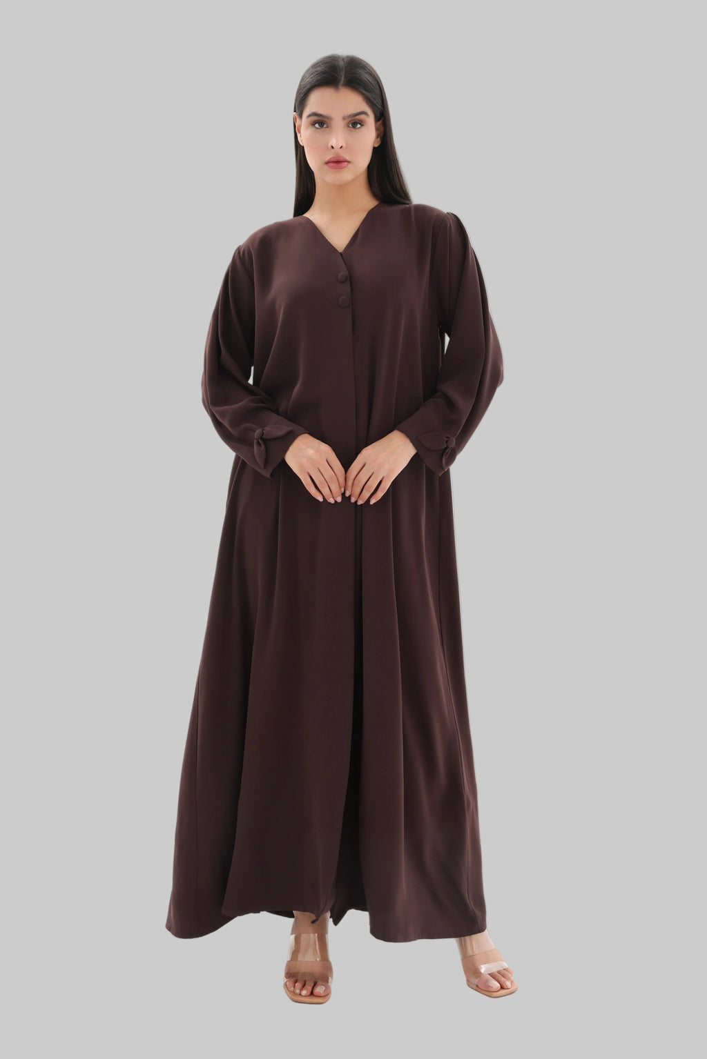 Abaya marron chocolat crêpe premium droite – vue de face – SOOTRASHOP