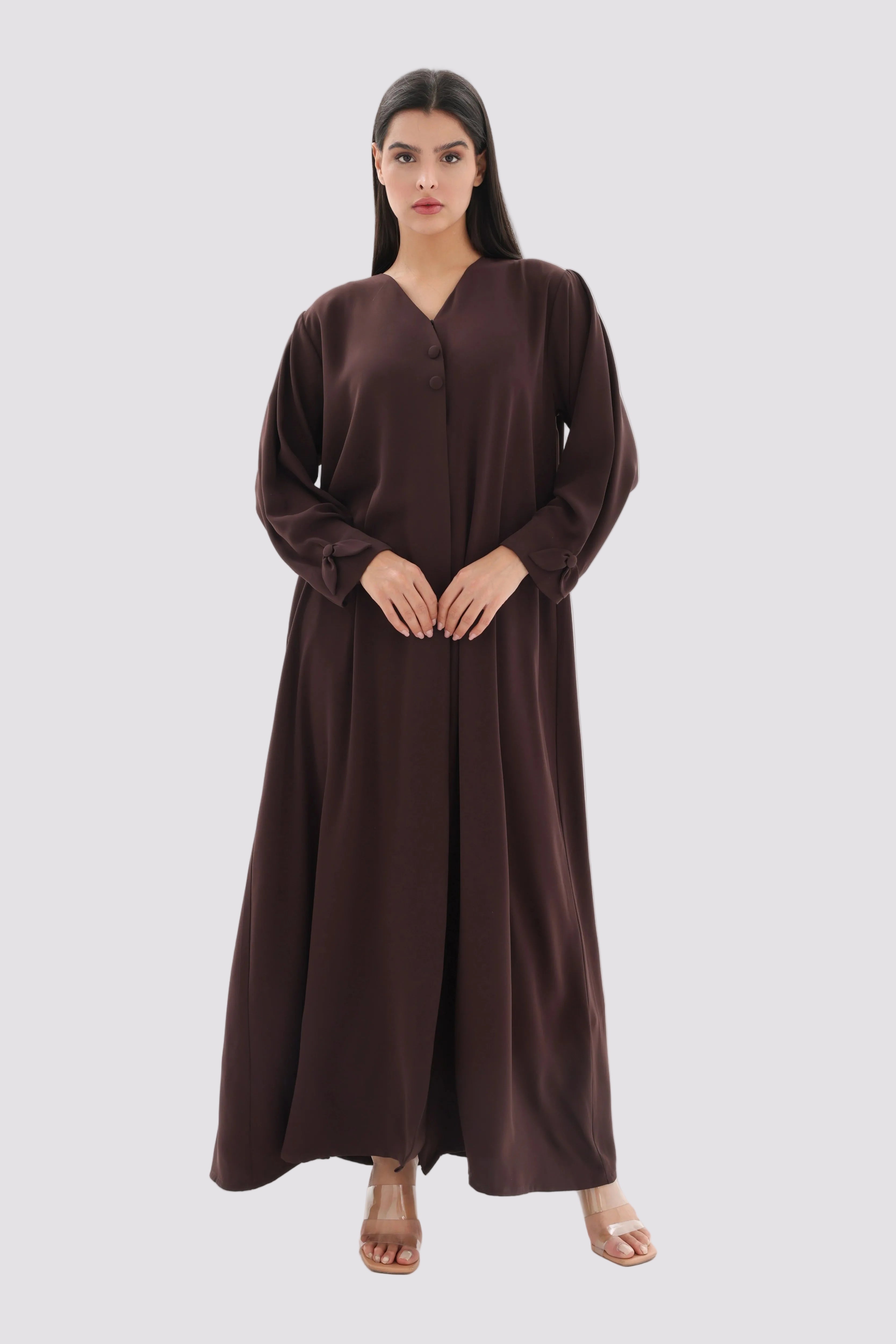 Abaya marron chocolat crêpe premium droite – vue de face – SOOTRASHOP