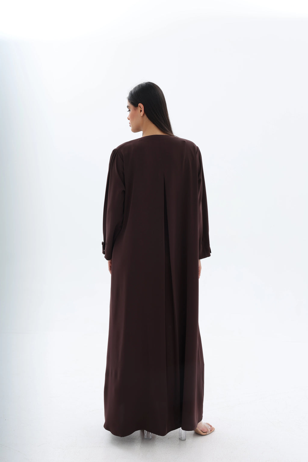 Abaya marron chocolat crêpe premium – fente dos – SOOTRASHOP
