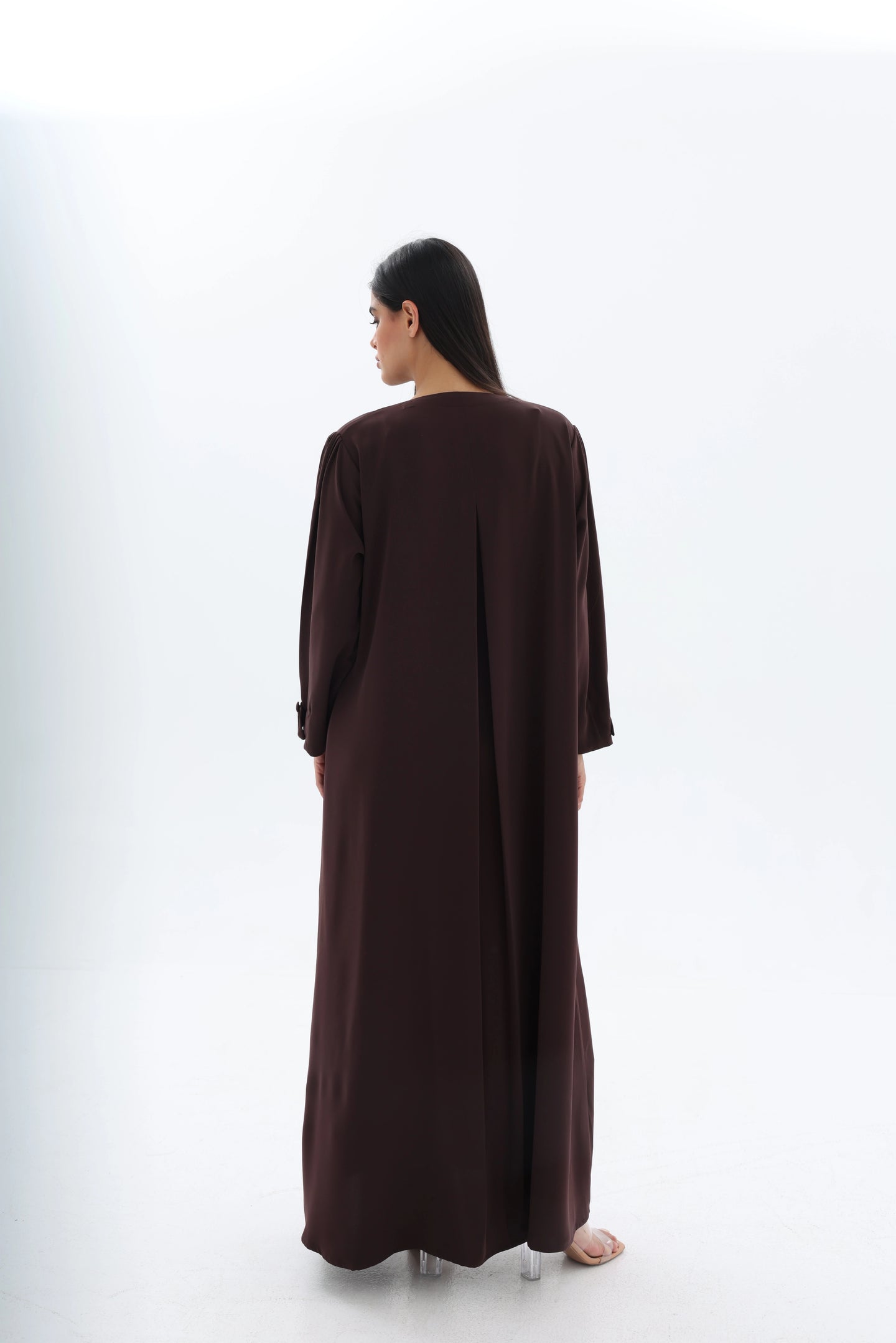 Abaya marron chocolat crêpe premium – fente dos – SOOTRASHOP