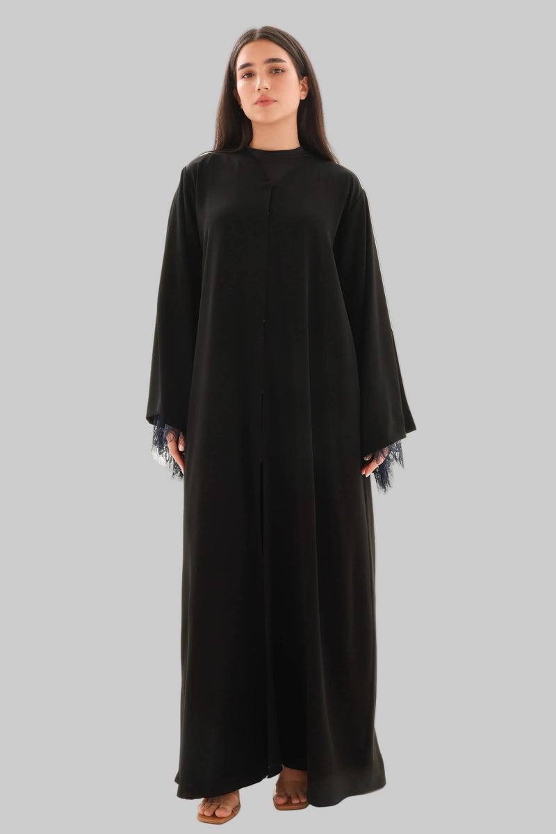 Abaya dentelle noire Nida coréen premium – vue de face 2 – SOOTRASHOP