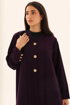 Abaya aubergine crepe premium coupe cloche - look complet - SOOTRASHOP