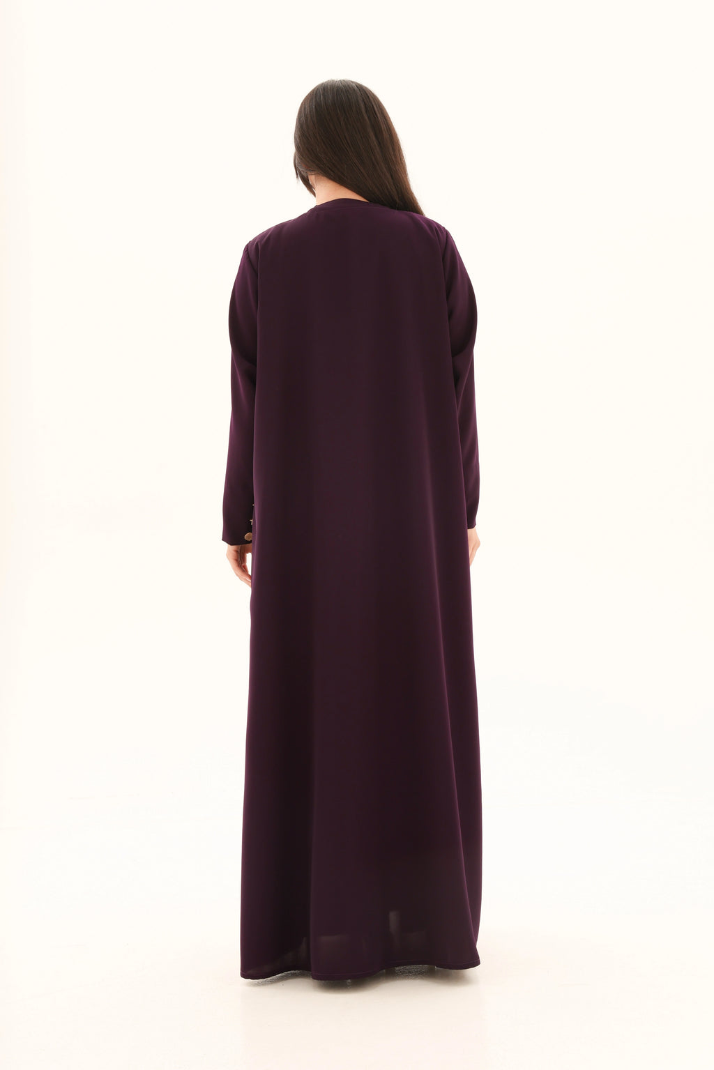 Abaya aubergine crêpe premium coupe cloche – vue de dos – SOOTRASHOP
