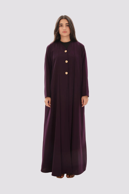 Abaya aubergine crêpe premium coupe cloche – vue de face – SOOTRASHOP