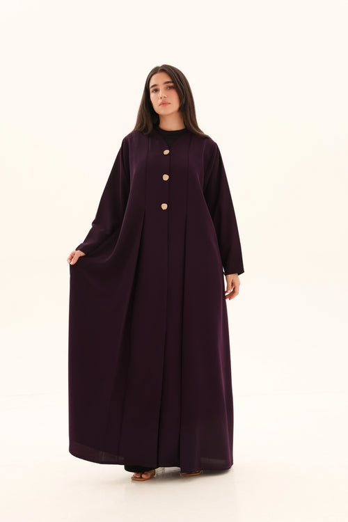 Abaya aubergine crêpe premium coupe cloche – vue de face 2 – SOOTRASHOP