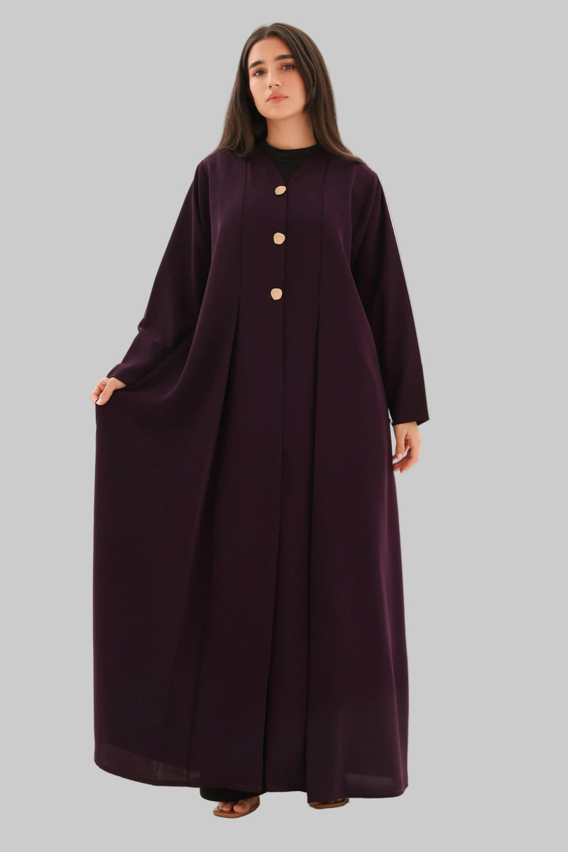 Abaya aubergine crêpe premium coupe cloche – vue de face 2 – SOOTRASHOP