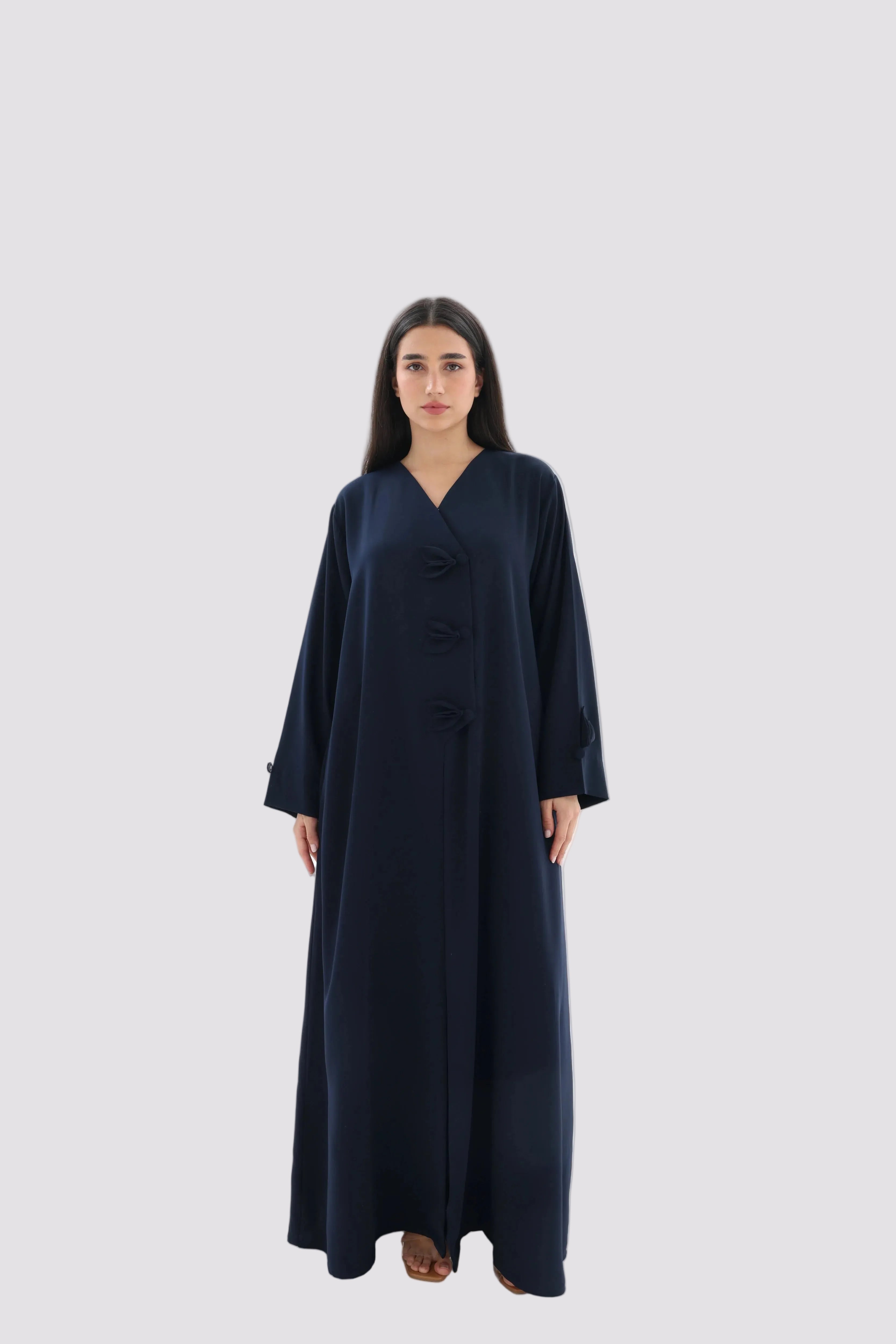 Abaya bleu marine élégance nouée crêpe premium – vue de face – SOOTRASHOP