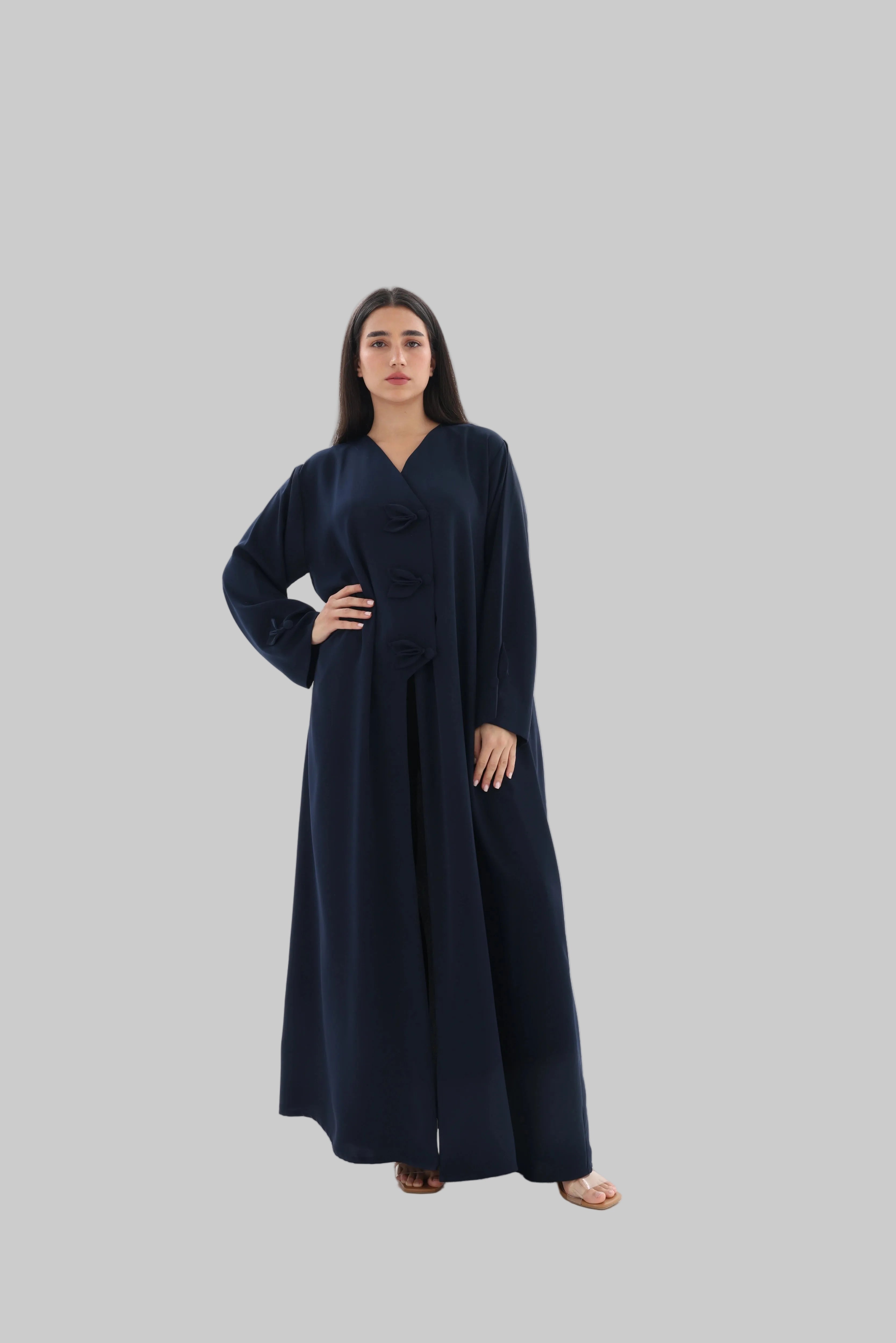 Abaya bleu marine élégance nouée crêpe premium – vue de face 2 – SOOTRASHOP