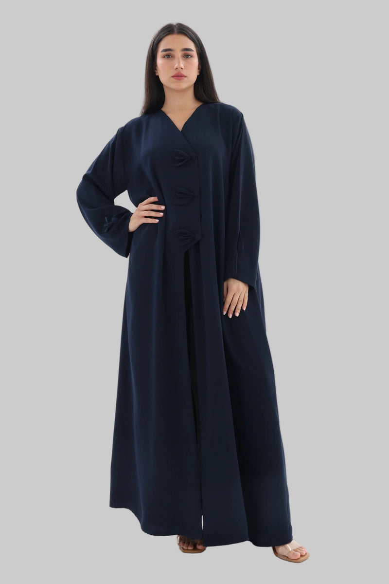 Abaya bleu marine élégance nouée crêpe premium – vue de face 2 – SOOTRASHOP