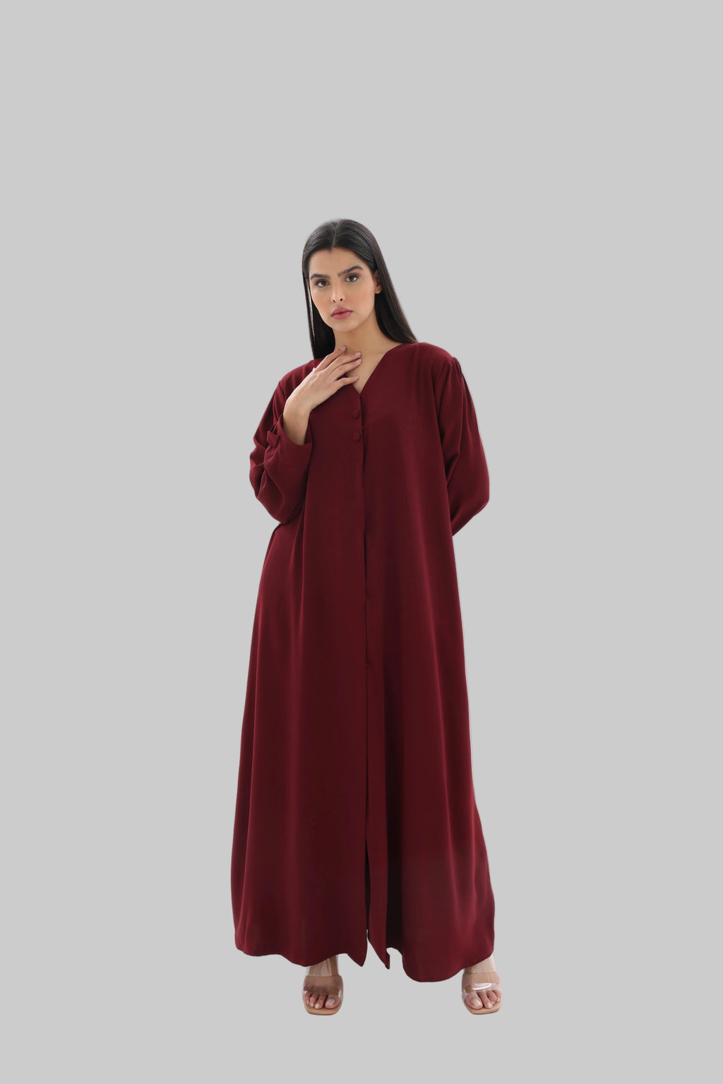 Abaya bordeaux droite crêpe premium noeud – vue de face – SOOTRASHOP