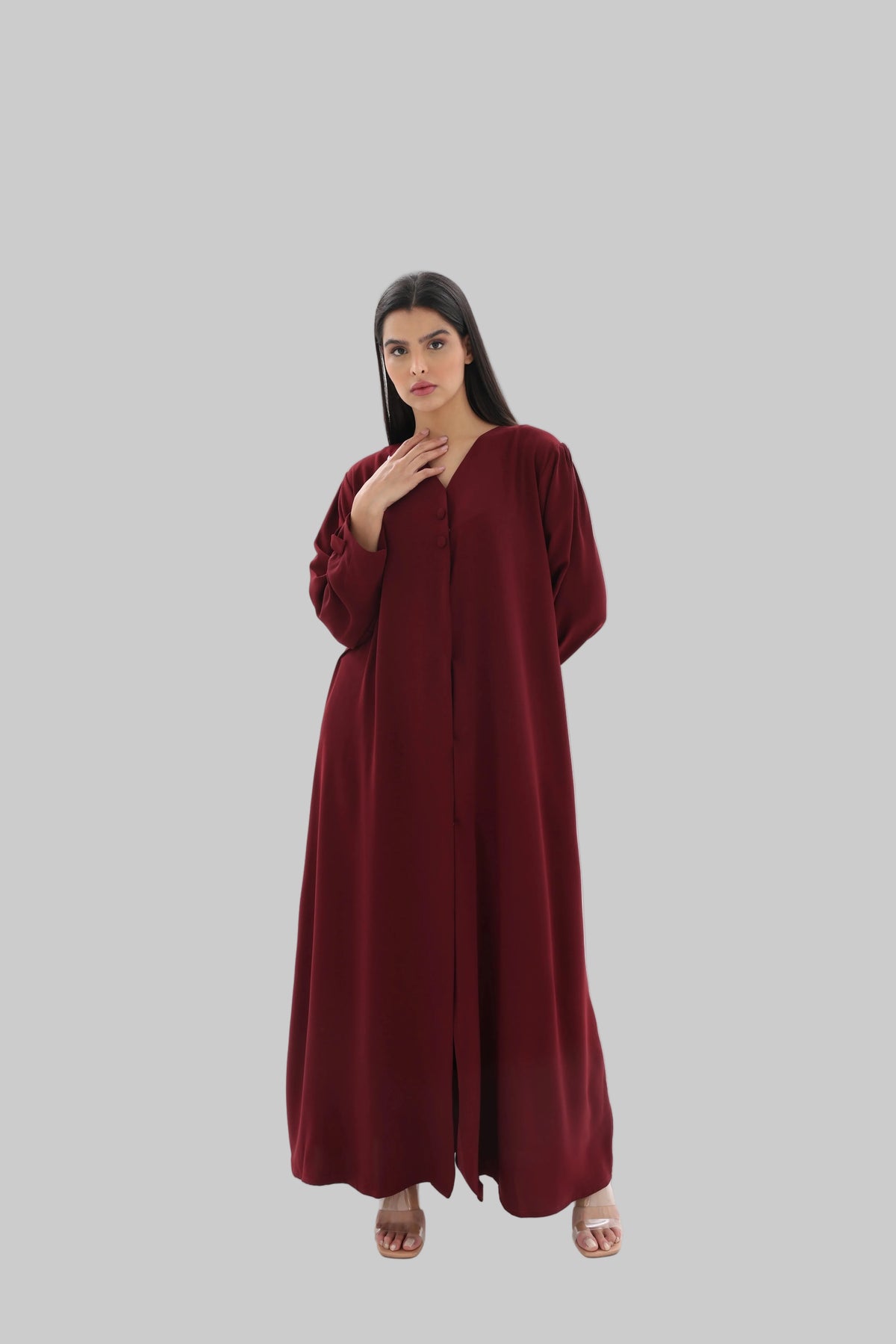 Abaya bordeaux droite crêpe premium noeud – vue de face – SOOTRASHOP