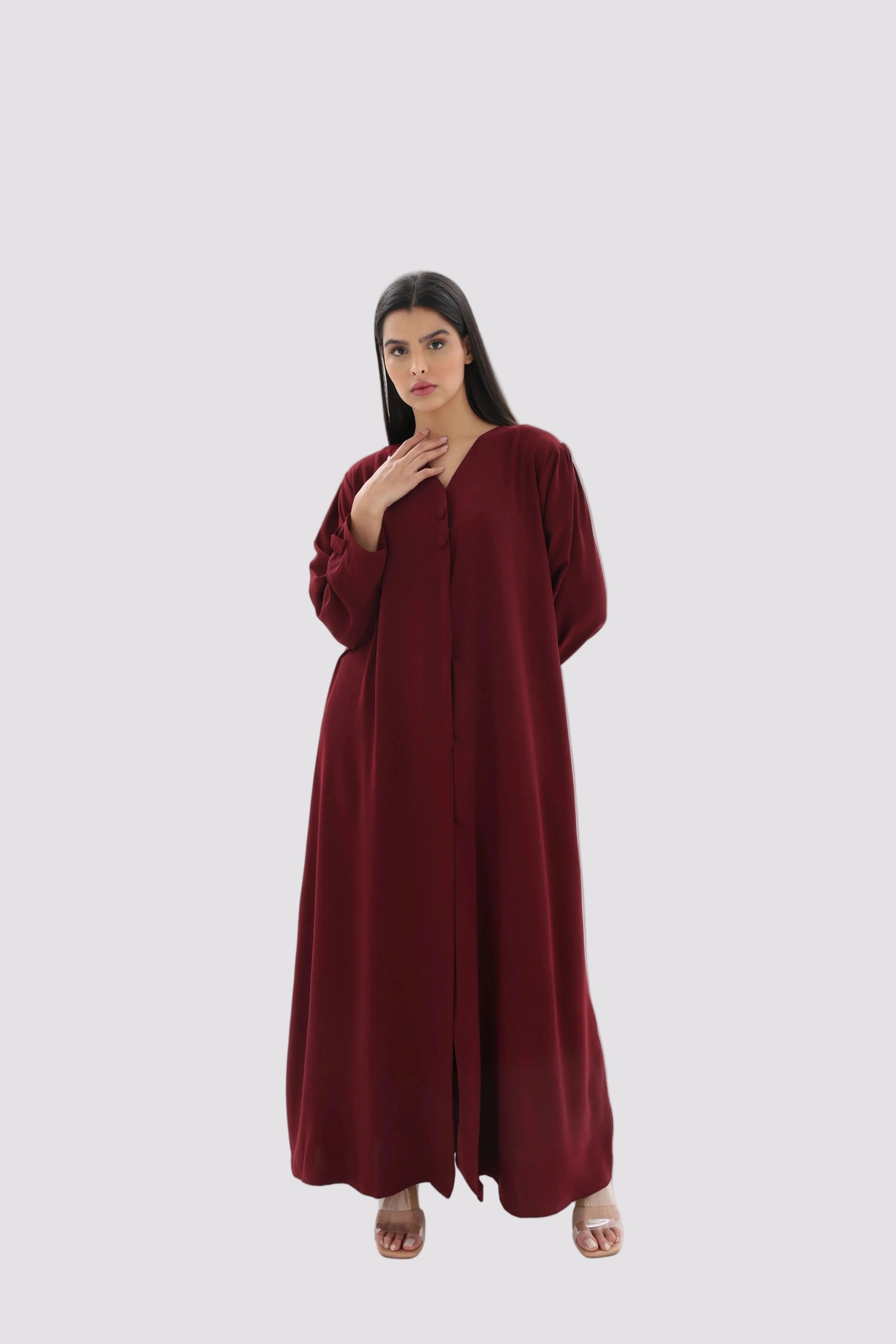 Abaya bordeaux droite crêpe premium noeud – vue de face – SOOTRASHOP