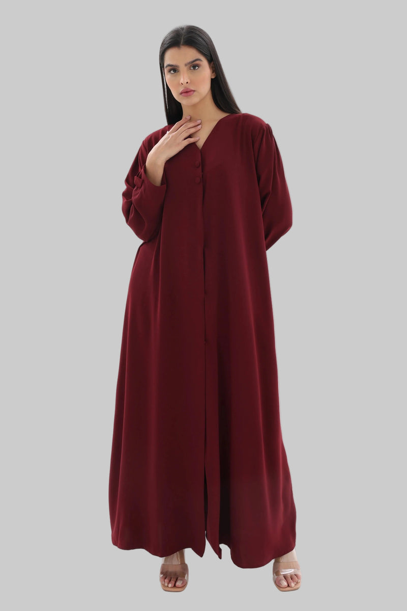 Abaya bordeaux droite crêpe premium noeud – vue de face – SOOTRASHOP