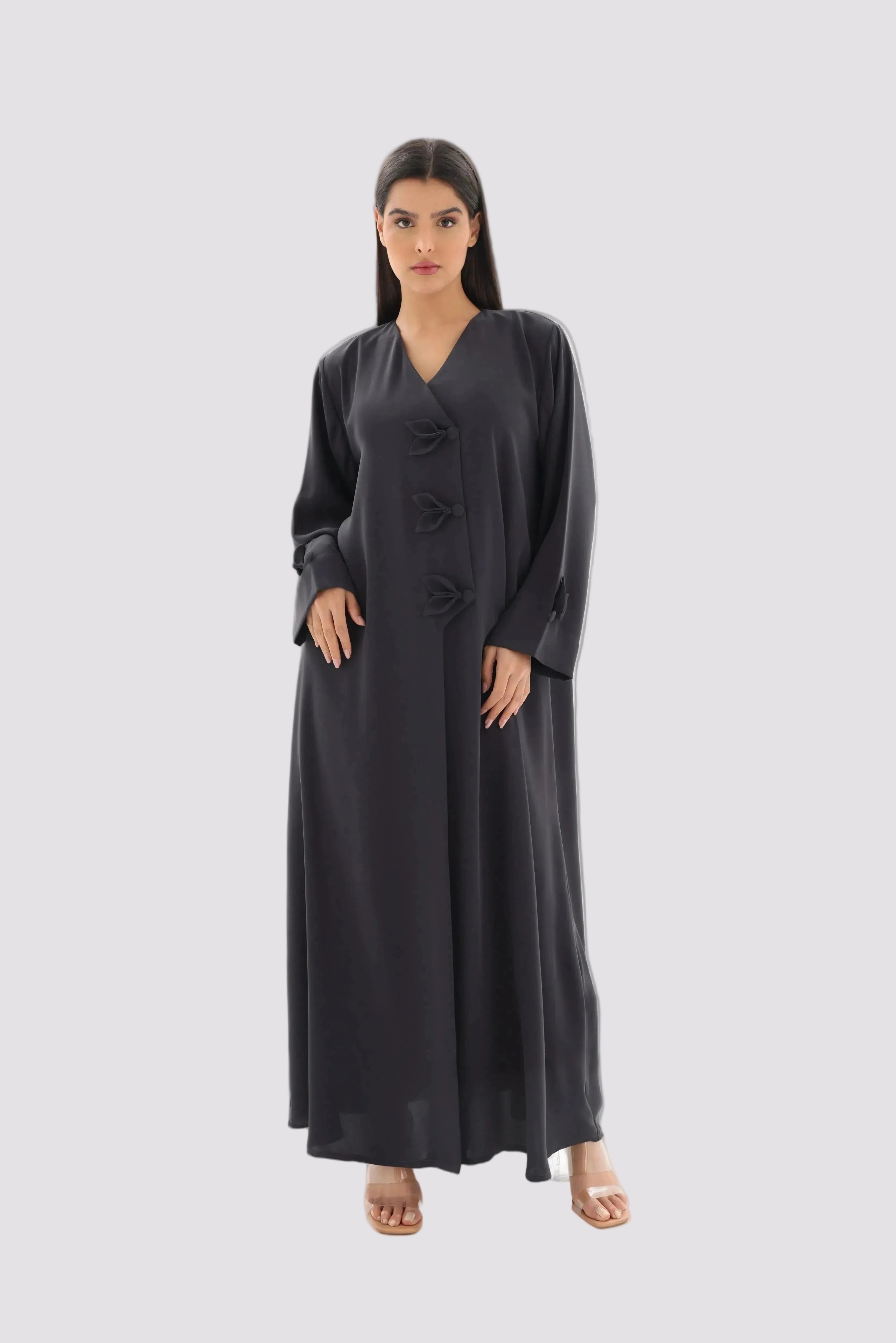 Abaya gris anthracite élégance nouée crêpe premium – vue de face – SOOTRASHOP