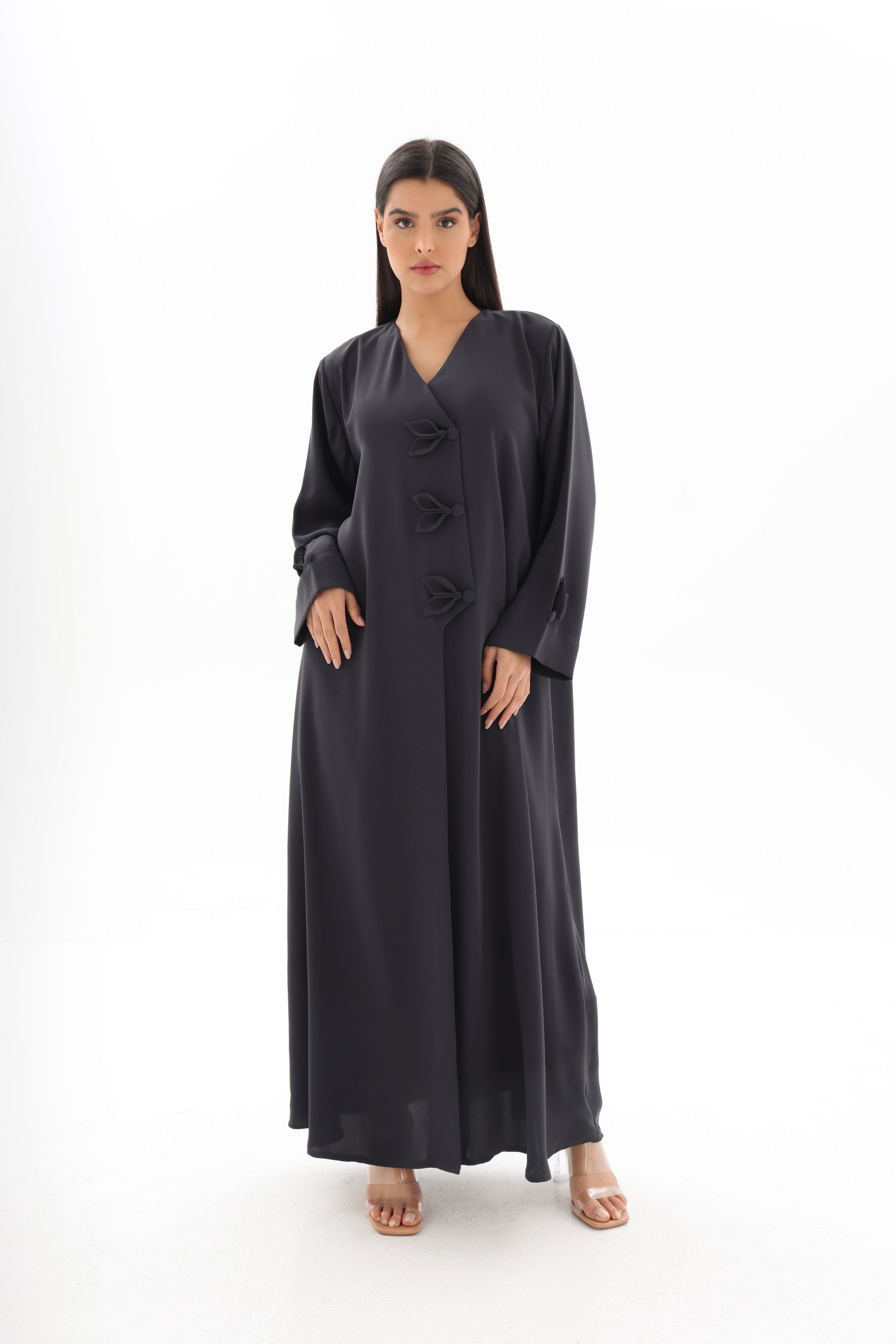Abaya gris anthracite élégance nouée crêpe premium – look complet – SOOTRASHOP