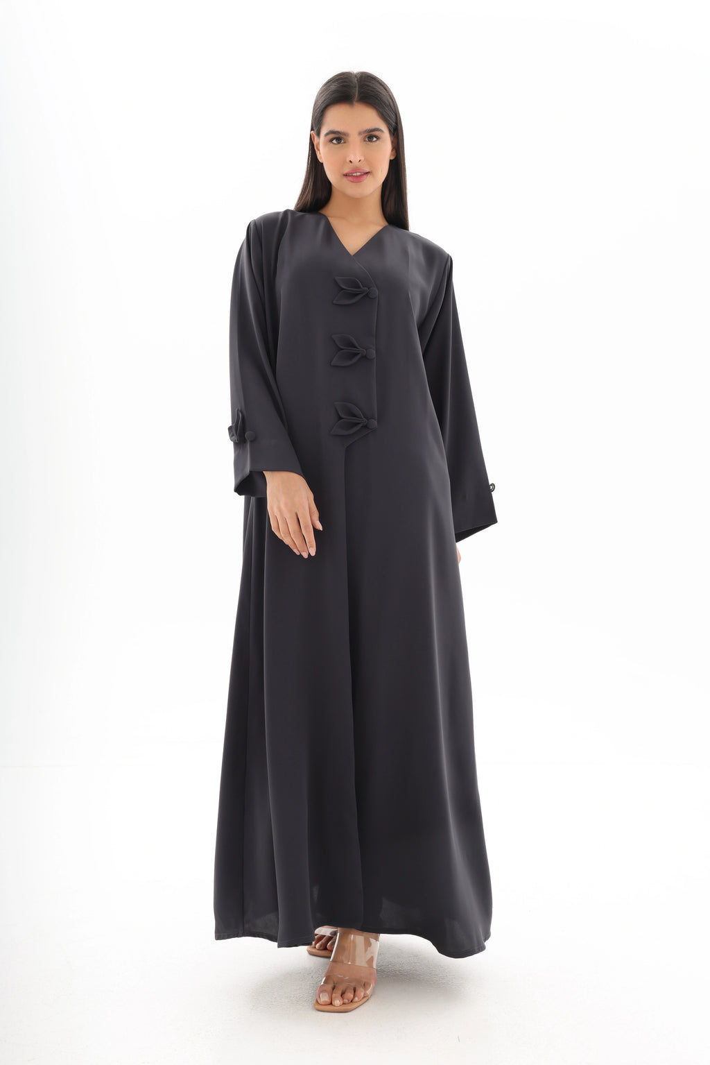 Abaya gris anthracite élégance nouée crêpe premium – vue de face 2 – SOOTRASHOP