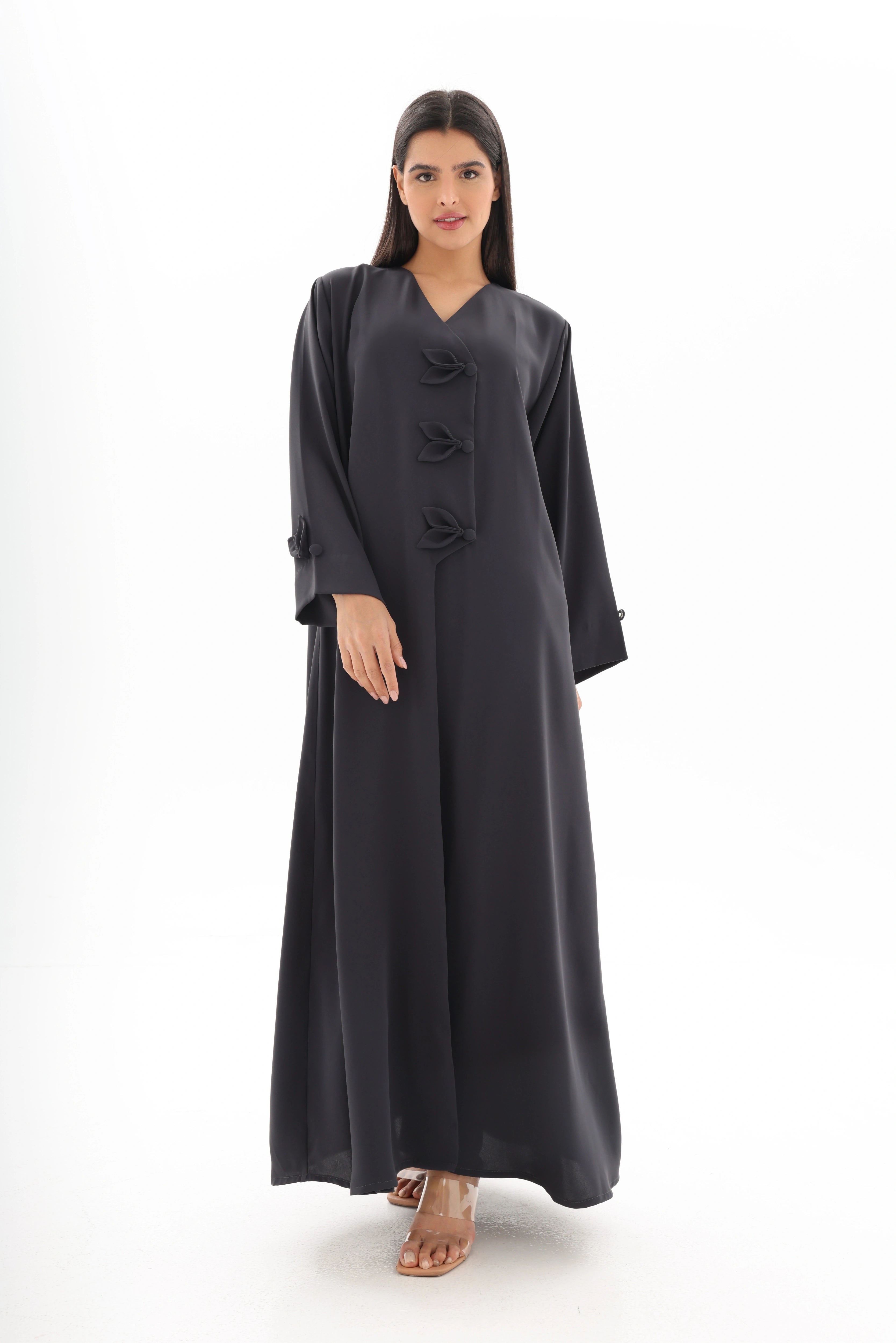 Abaya gris anthracite élégance nouée crêpe premium – vue de face 2 – SOOTRASHOP