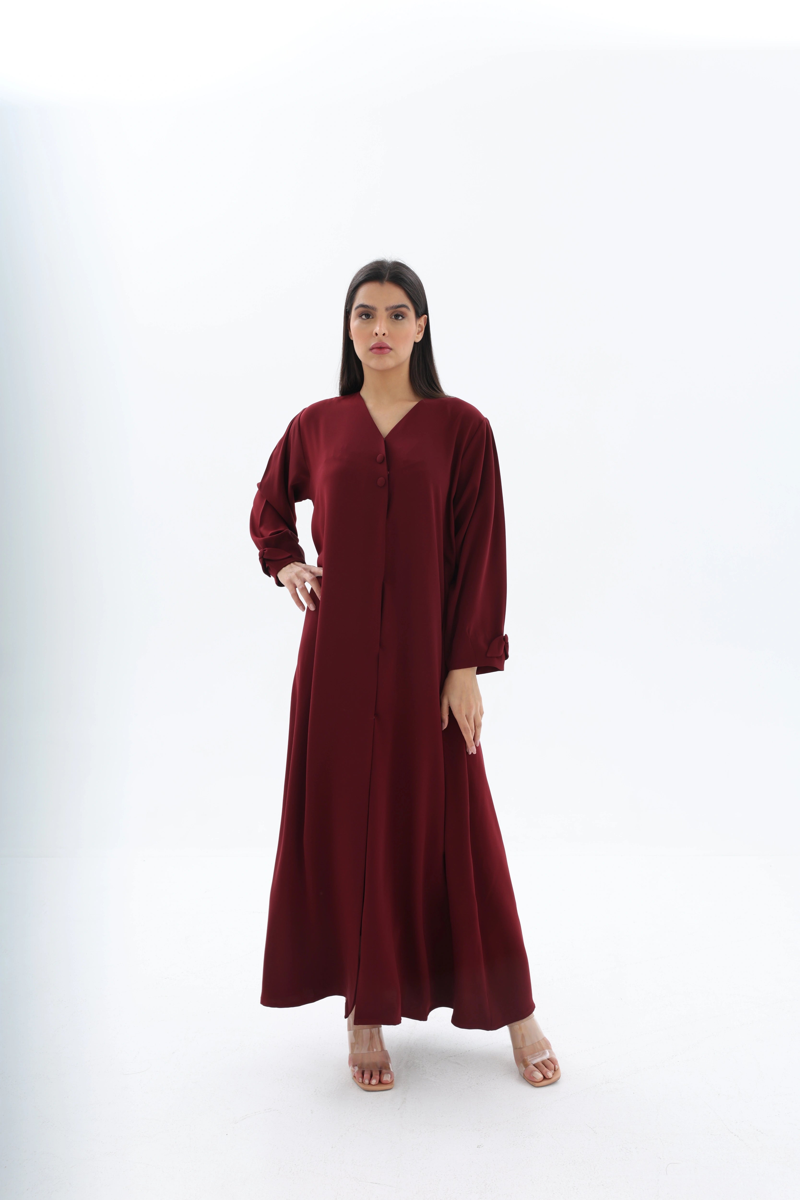 Abaya bordeaux droite crêpe premium – vue de face 2 – SOOTRASHOP